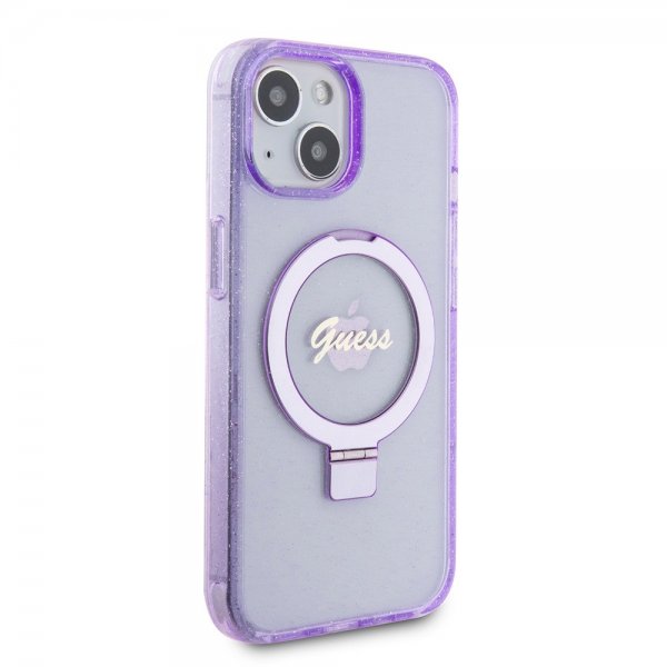 Guess iPhone 15 Plus Cover Ring Stand Glitter MagSafe Lilla