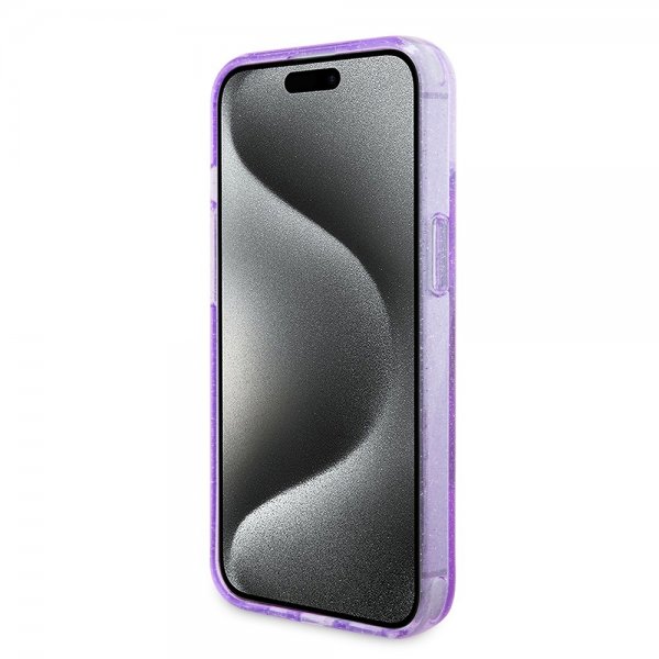 Guess iPhone 15 Plus Cover Ring Stand Glitter MagSafe Lilla