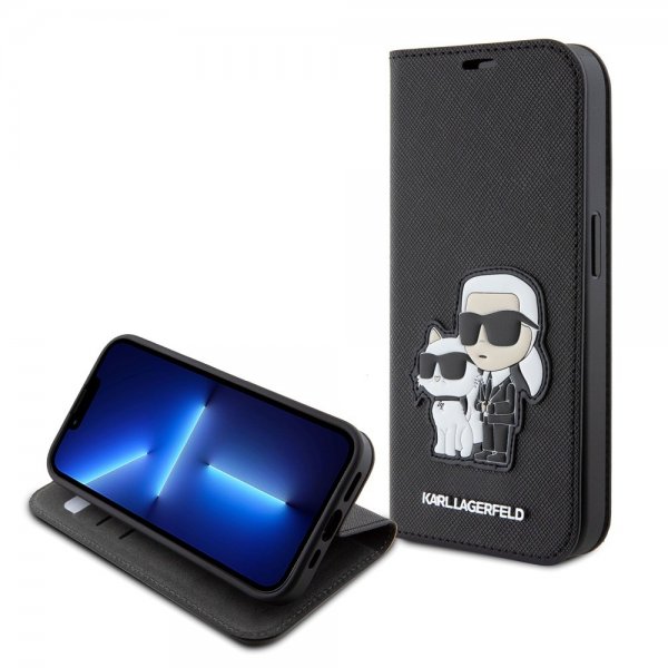 Karl Lagerfeld iPhone 15 Pro Cover NFT Karl & Choupette Patch Saffiano Sort