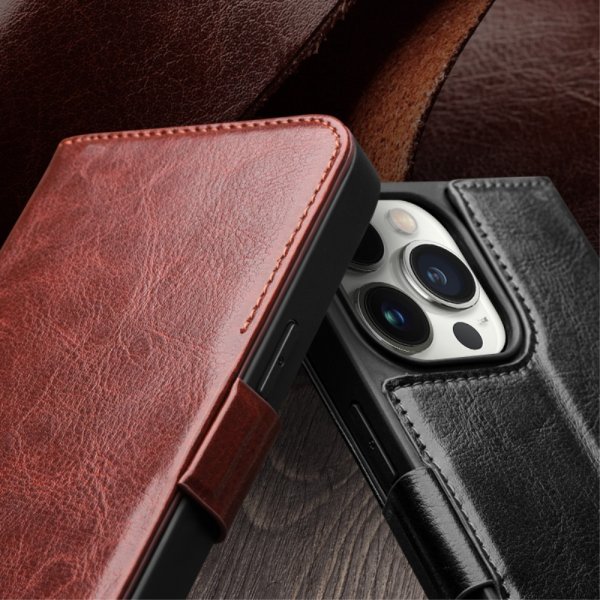 Qialino iPhone 15 Pro Max Etui Ægte Læder Sort