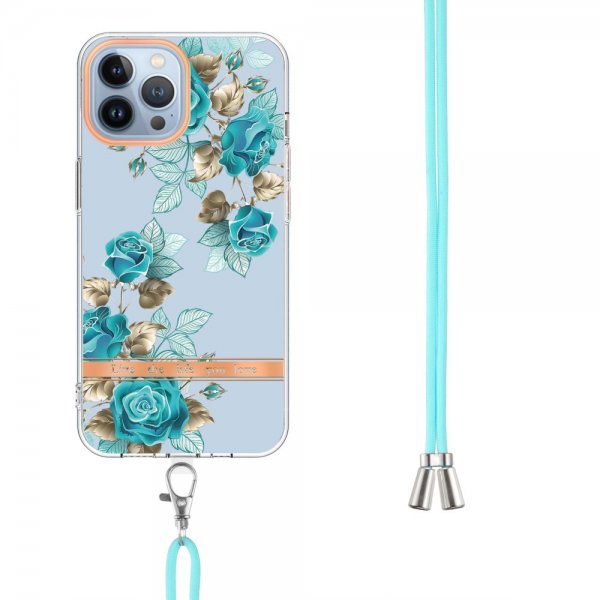iPhone 15 Pro Max Cover Blomstermønster med Rem Blå Roser