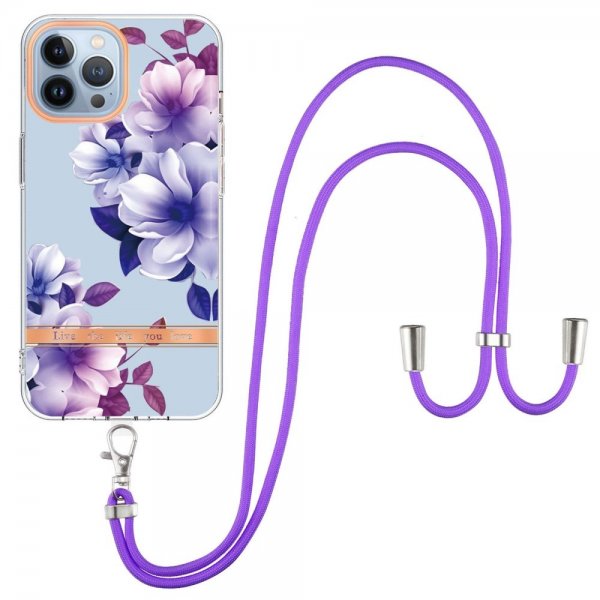iPhone 15 Pro Max Cover Blomstermønster med Rem Lilla Begonia
