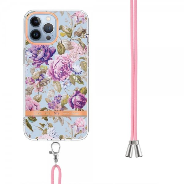 iPhone 15 Pro Max Cover Blomstermønster med Rem Lilla Pæon