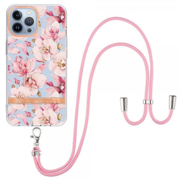 iPhone 15 Pro Max Cover Blomstermønster med Strap Rosa Gardenia