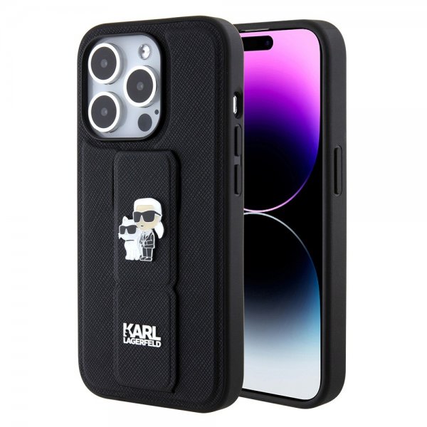 Karl Lagerfeld iPhone 15 Pro Max Cover Grip Stand Funktion Sort