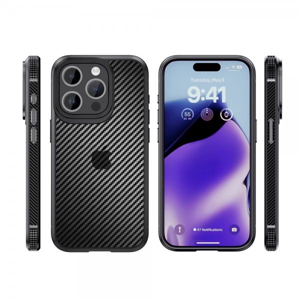 Ipaky iPhone 15 Pro Max Cover Kulstofibermønster Sort