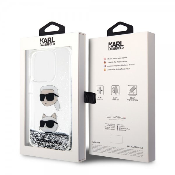 Karl Lagerfeld iPhone 15 Pro Max Cover Liquid Glitter Karl & Choupette Sølv