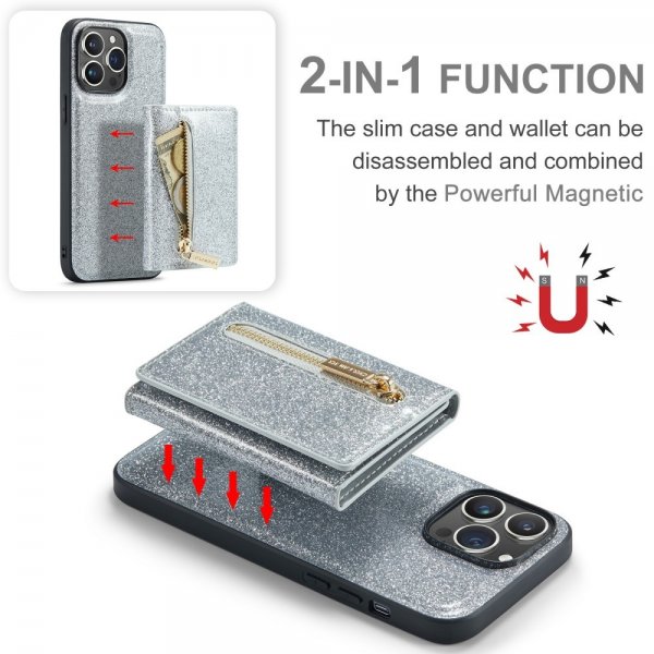 Dg.Ming iPhone 15 Pro Max Cover M3 Series Aftagelig Kortholder Glitter Sølv