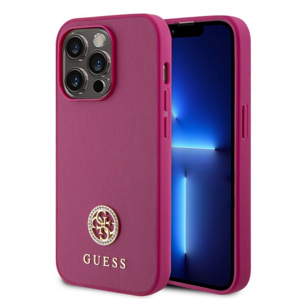 Guess iPhone 15 Pro Max Cover Metal Logo Rhinsten Metallic Rosa