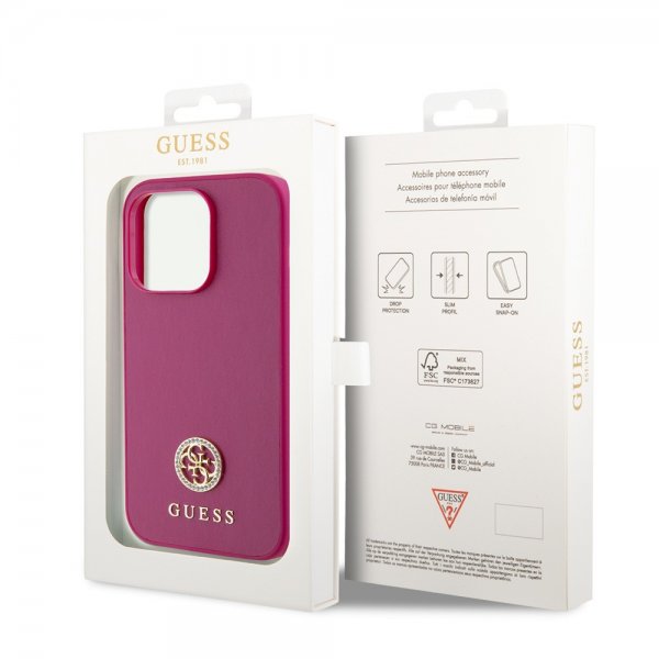 Guess iPhone 15 Pro Max Cover Metal Logo Rhinsten Metallic Rosa