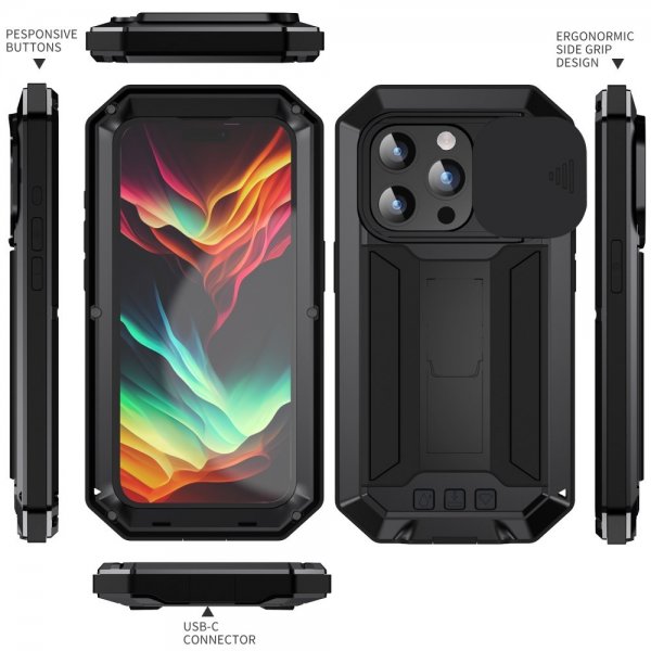 R-JUST iPhone 15 Pro Max Cover Metal Stødsikker Kamerabeskyttelse Sort
