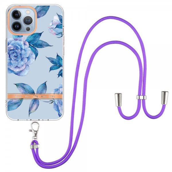 iPhone 15 Pro Cover Blomstermønster med Rem Blå Pæon