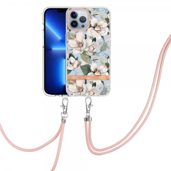iPhone 15 Pro Cover Blomstermønster med Rem Grøn Gardenia