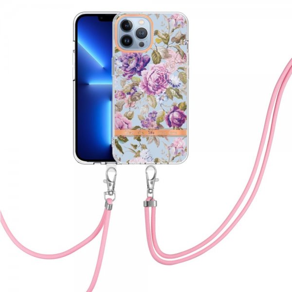 iPhone 15 Pro Cover Blomstermønster med Rem Lilla Pæon