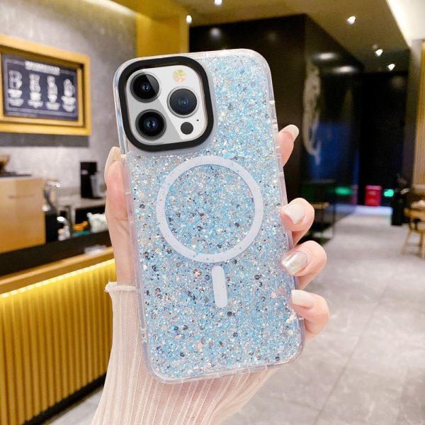 iPhone 15 Pro Cover Glitter MagSafe Blå