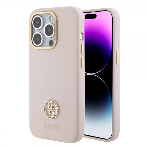 Guess iPhone 15 Pro Cover Liquid Silicone Metal Logo Rosa