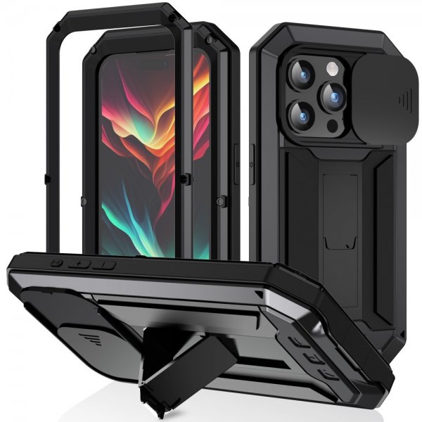 R-JUST iPhone 15 Pro Cover Metal Stødsikkert Kamerabeskyttelse Sort