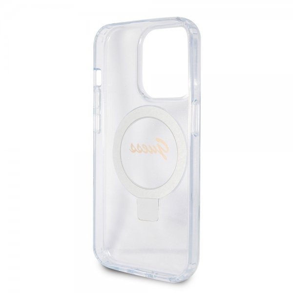 Guess iPhone 15 Pro Cover Ring Stand Glitter MagSafe Transparent