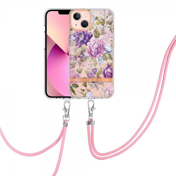 iPhone 15 Cover Blomstermønster med Strap Lilla Pæon