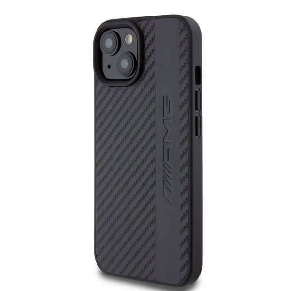 Mercedes Benz iPhone 15 Cover Carbon Effect Leather Stripe AMG Sort