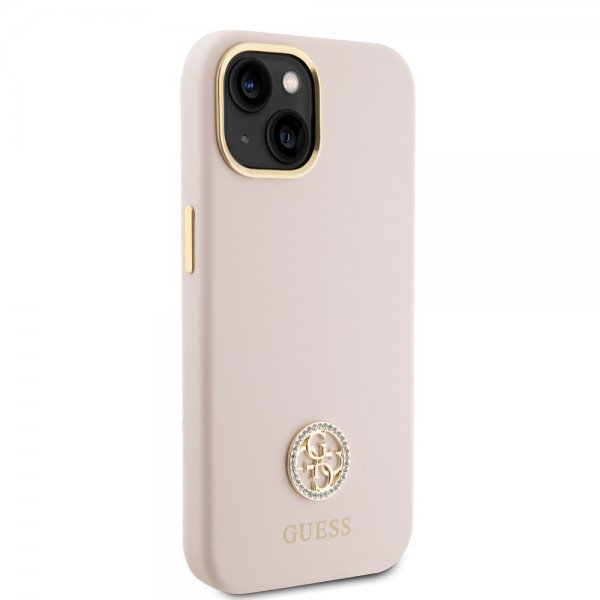 Guess iPhone 15 Cover Liquid Silicone Metal Logo Rosa