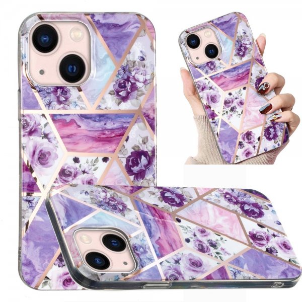 iPhone 15 Cover Marmormønster Blomster Lilla