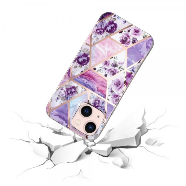 iPhone 15 Cover Marmormønster Blomster Lilla