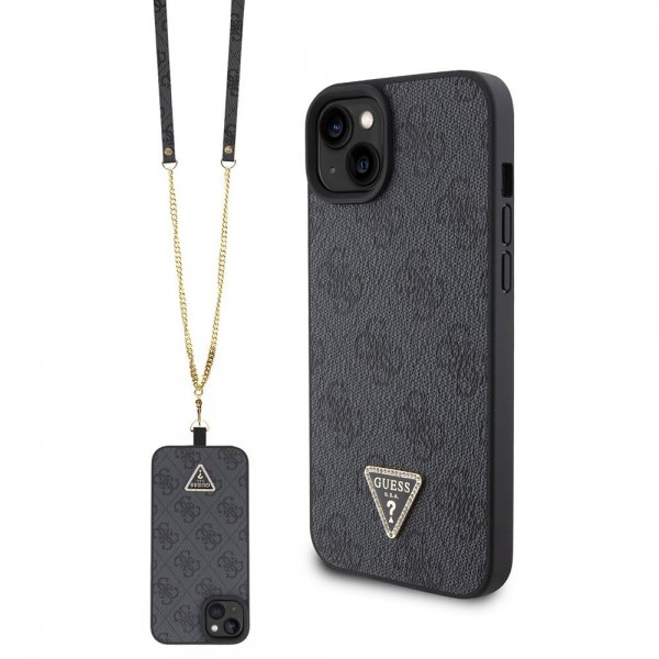 Guess iPhone 15 Cover Metal Logo Rhinestone Crossbody Strap Sort