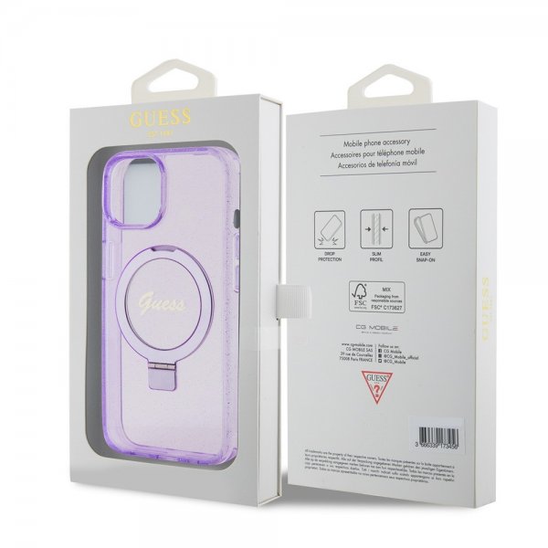 Guess iPhone 15 Cover Ring Stand Glitter MagSafe Lilla