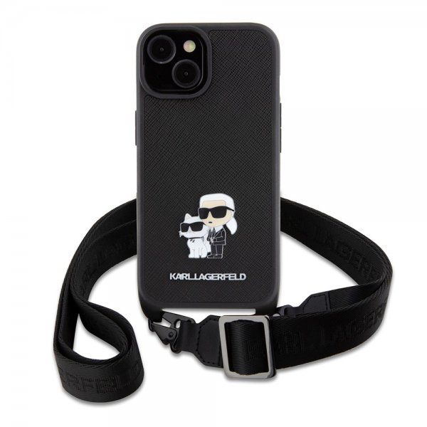 Karl Lagerfeld iPhone 15 Cover Saffiano Karl & Choupette Crossbody Sort