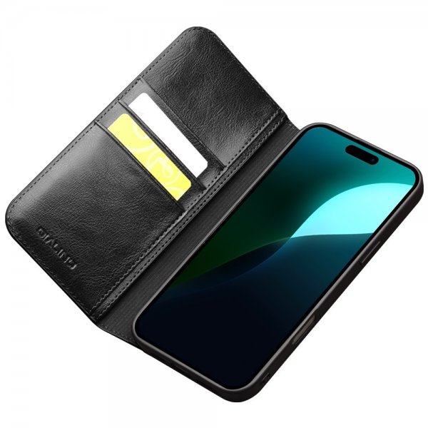 Qialino iPhone 16 Cover Ægte Læder Sort