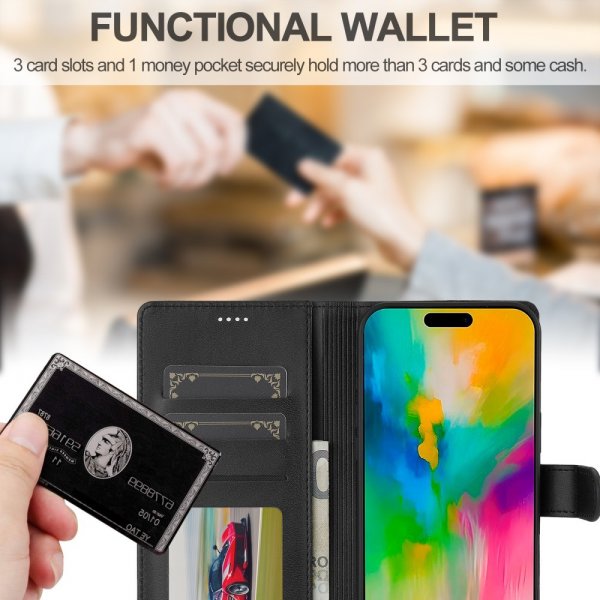 Lc.Imeeke iPhone 16 Cover med Kortlomme og Stativfunktion, Sort