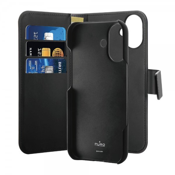 Puro iPhone 16 Cover Wallet Detachable 2-i-1 Sort