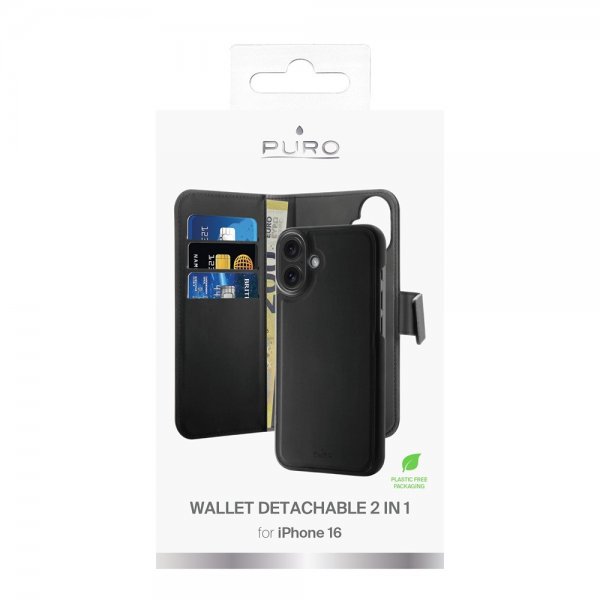 Puro iPhone 16 Cover Wallet Detachable 2-i-1 Sort