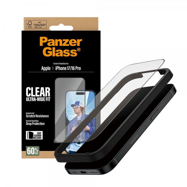 PanzerGlass iPhone 17/iPhone 16 Pro Skærmbeskyttelse Ultra-Wide Fit EasyAligner