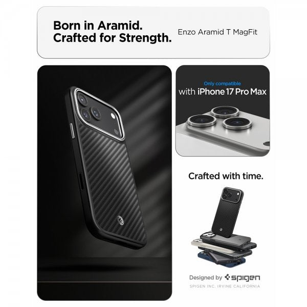 Spigen iPhone 17 Pro Max Cover Enzo Aramid T MagFit Sort Sølv