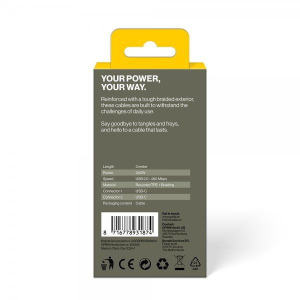 Aqiila Kabel Cablebird CB12 USB-C til USB-C 240W 2m Sort