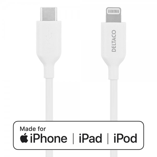 Deltaco Kabel USB-C Kabel med Lightning Stik 1m Hvid