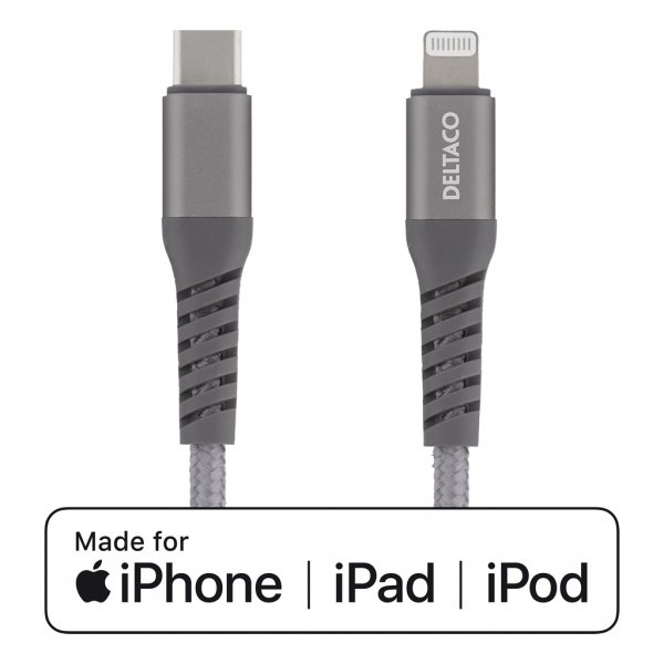 Deltaco Kabel USB-C til Lightning 1 meter Stofbeklædt Space Grey
