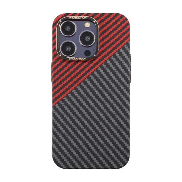 iPhone 14 Pro Cover Kulfibermønster Rød Sort
