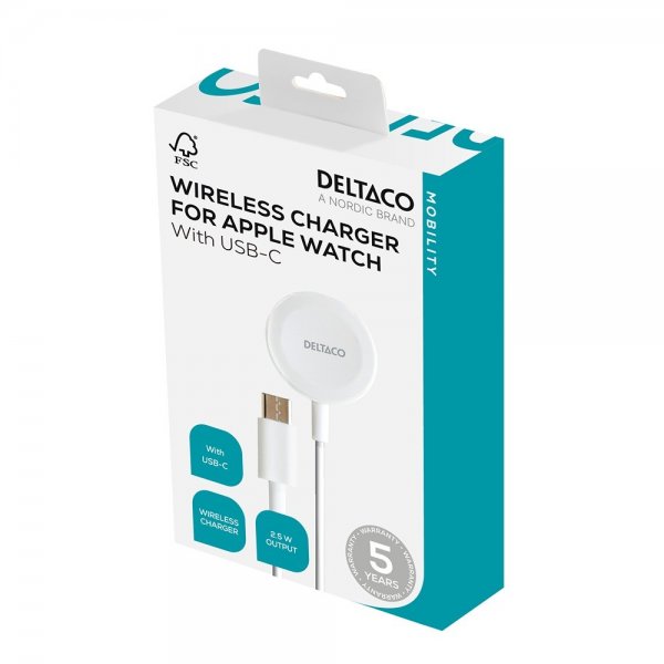 Deltaco Oplader til Apple Watch USB-C 1m Hvid