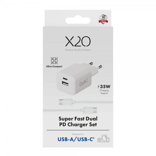 X2O Oplader med Kabel 1.2m 35W USB-C/USB-A GaN Hvid