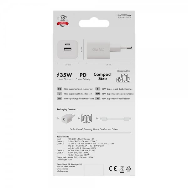 X2O Oplader med Kabel 1.2m 35W USB-C/USB-A GaN Hvid