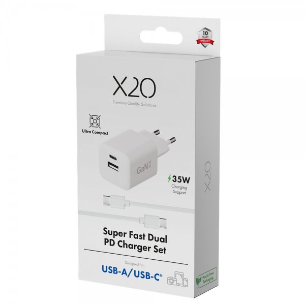 X2O Oplader med Kabel 1.2m 35W USB-C/USB-A GaN Hvid