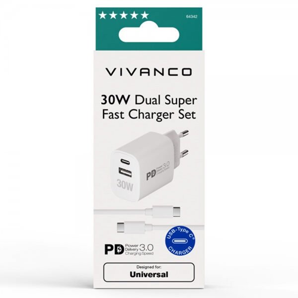 Vivanco Oplader med Kabel 30W Dual Super Fast PD Charger Sæt