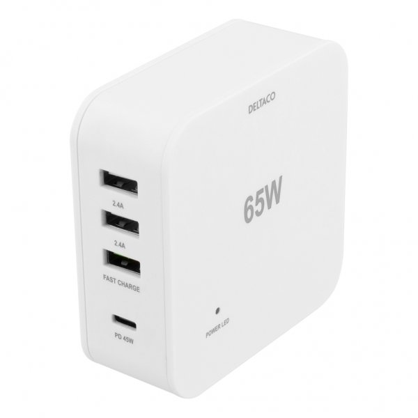 Deltaco Oplader USB-C PD 45W & USB-A 18W Hurtigopladning Hvid