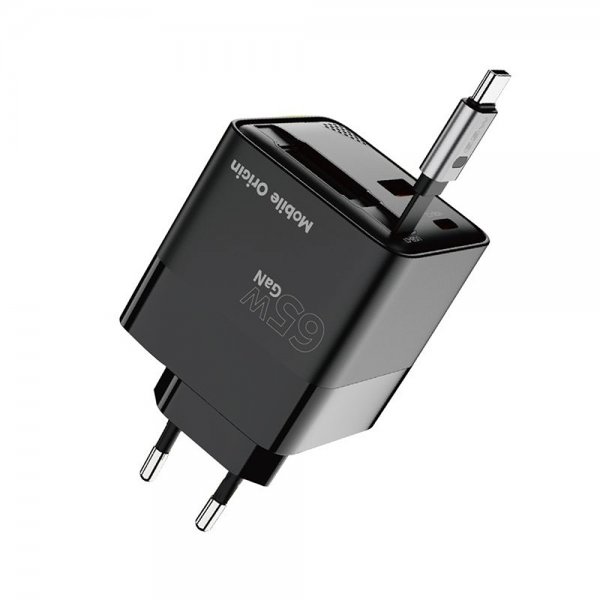Mobile Origin Oplader med Display GaN 65W indbygget USB-C Kabel