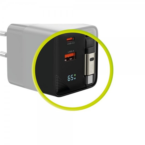 Mobile Origin Oplader med Display GaN 65W indbygget USB-C Kabel