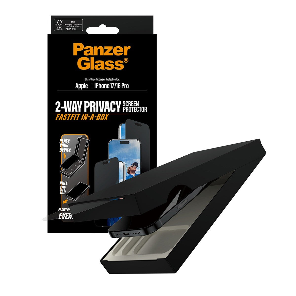 PanzerGlass iPhone 16 Pro/iPhone 17 Skærmbeskytter Ultra-Wide Fit Privacy Fastfit