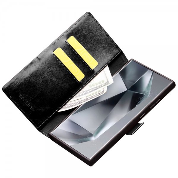 Qialino Samsung Galaxy S24 Ultra Etui Ægte læder Kortlomme Sort